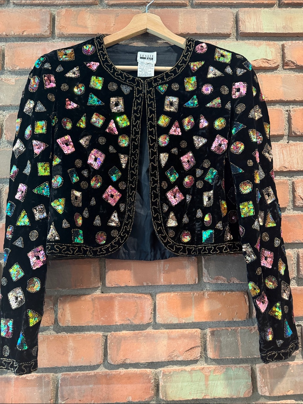 Leslie Fay Black Velvet Cropped Jacket with Iridescent Sequin Motifs